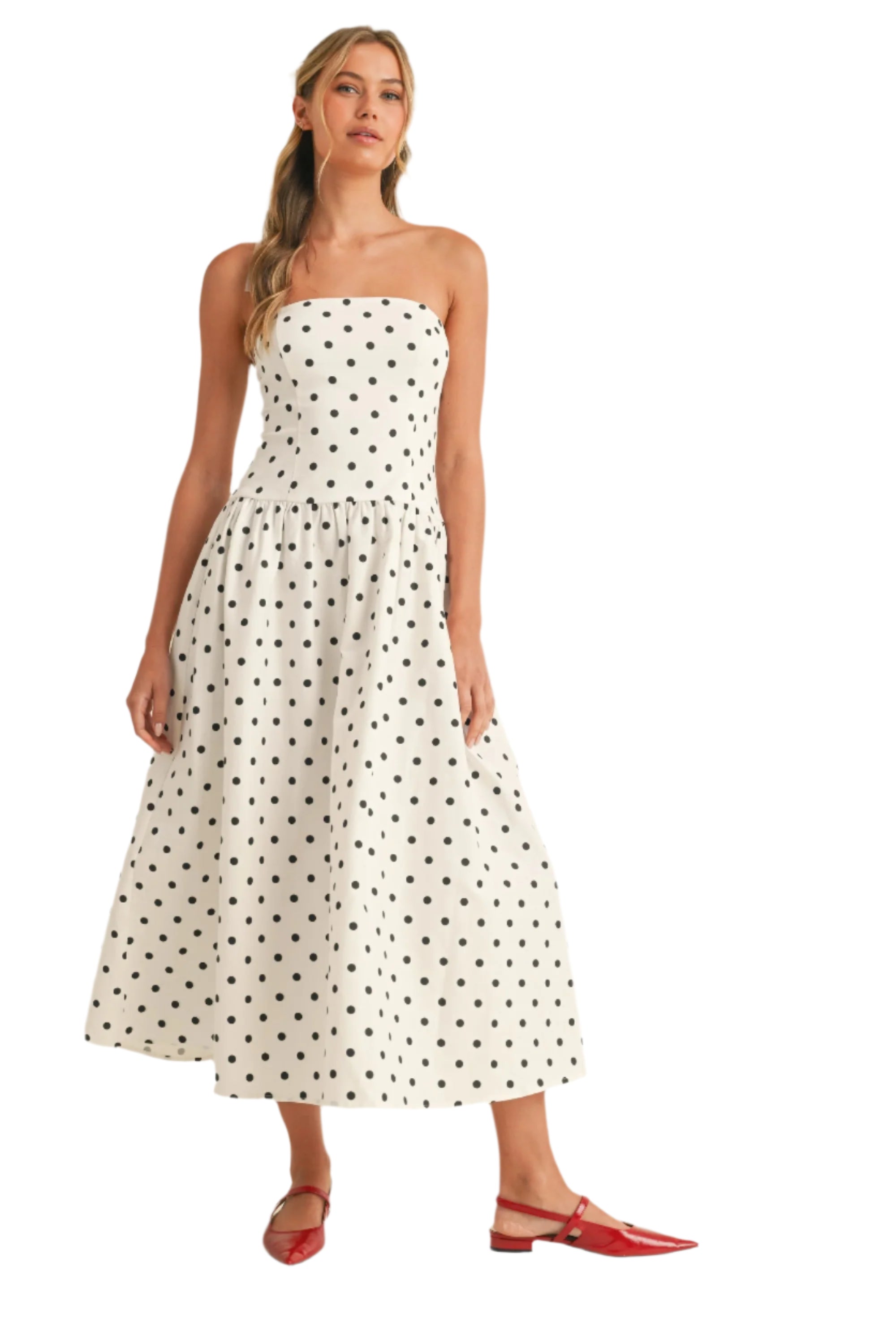 cream polka dot midi dress Spotted Something Sweet: Polka Dot Midi Dress M