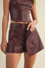 Mini Wine Vegan Leather Button Wrap Skort – Chic & Effortless Style