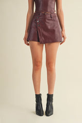 Mini Wine Vegan Leather Button Wrap Skort – Chic & Effortless Style