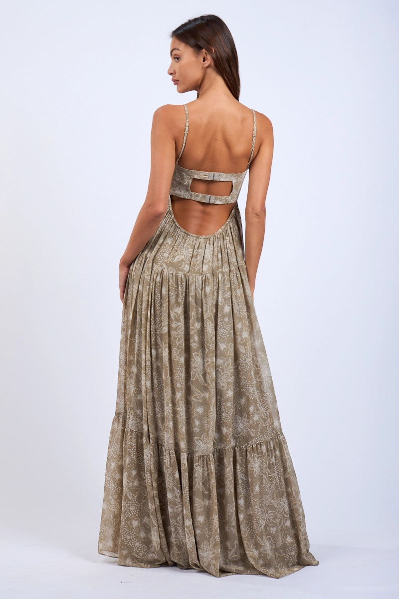 Maxi Dress- Khaki Floral Open Back