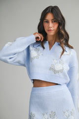Soft Blue Floral Cropped Sweater &amp; Mini Skirt Set – Cozy Knit Two-Piece Outfit