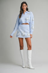 Soft Blue Floral Cropped Sweater &amp; Mini Skirt Set – Cozy Knit Two-Piece Outfit