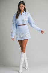 Soft Blue Floral Cropped Sweater &amp; Mini Skirt Set – Cozy Knit Two-Piece Outfit