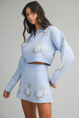 Soft Blue Floral Cropped Sweater &amp; Mini Skirt Set – Cozy Knit Two-Piece Outfit
