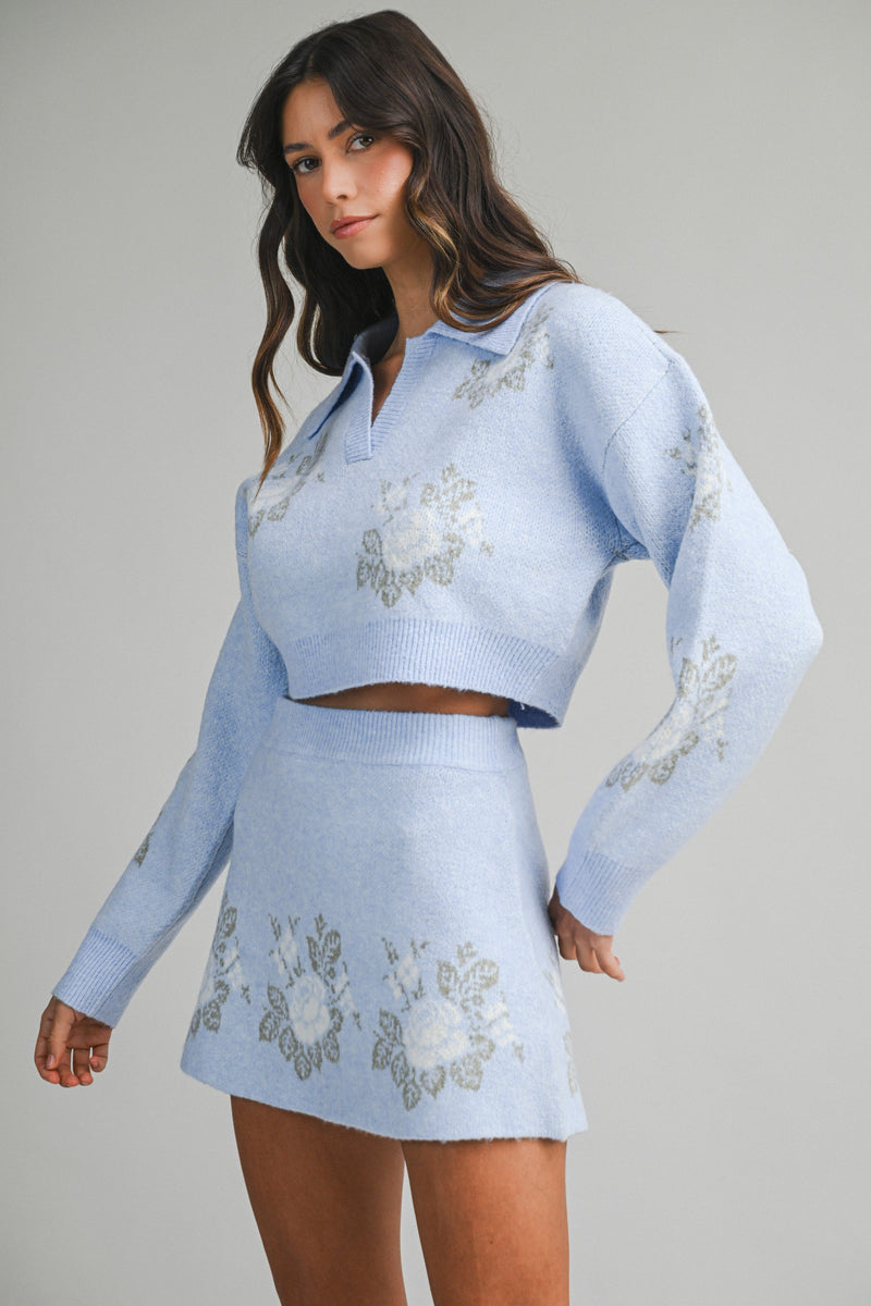 Soft Blue Floral Cropped Sweater &amp; Mini Skirt Set – Cozy Knit Two-Piece Outfit