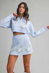 Soft Blue Floral Cropped Sweater &amp; Mini Skirt Set – Cozy Knit Two-Piece Outfit