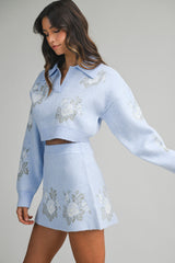 Soft Blue Floral Cropped Sweater &amp; Mini Skirt Set – Cozy Knit Two-Piece Outfit