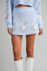 Soft Blue Floral Cropped Sweater &amp; Mini Skirt Set – Cozy Knit Two-Piece Outfit