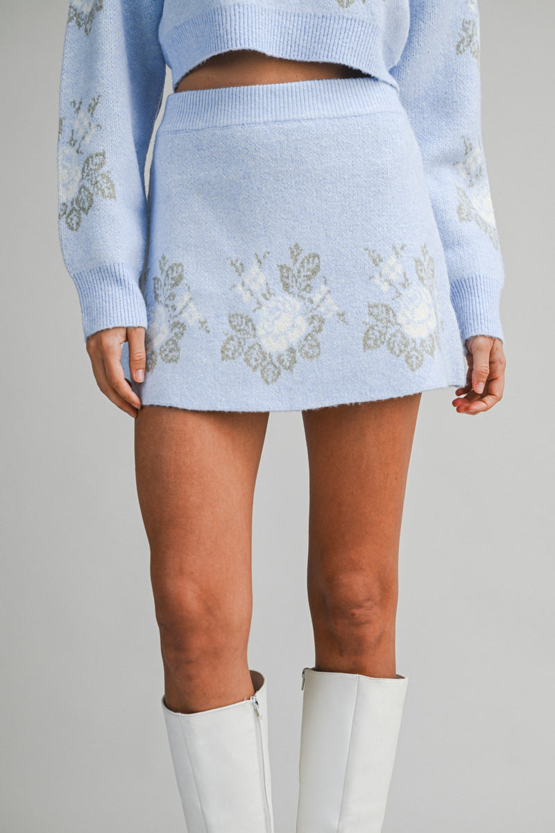 Soft Blue Floral Cropped Sweater &amp; Mini Skirt Set – Cozy Knit Two-Piece Outfit
