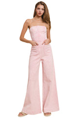 Boho Mineral Wash Wide Leg Denim Jumpsuit in Rose