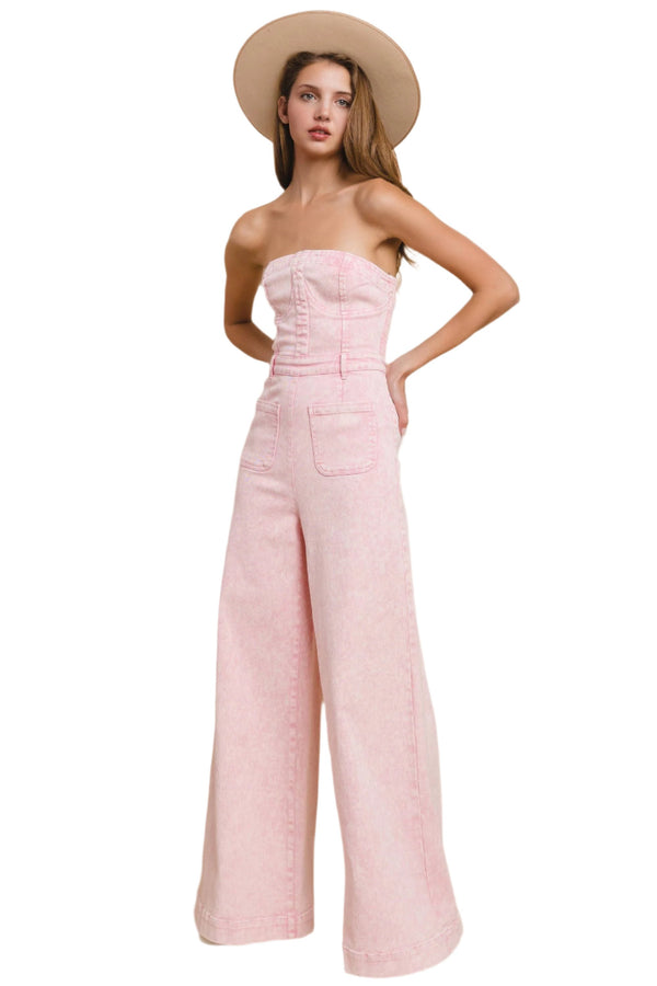 Boho Mineral Wash Wide Leg Denim Jumpsuit in Rose