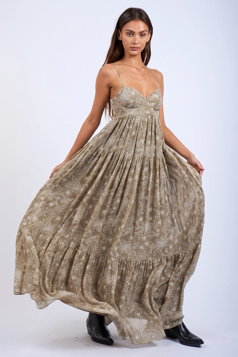 Maxi Dress- Khaki Floral Open Back