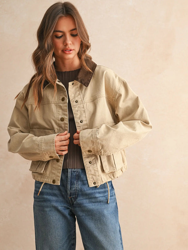 Sierra - Brown Collar Contrast Cropped Utility Jacket