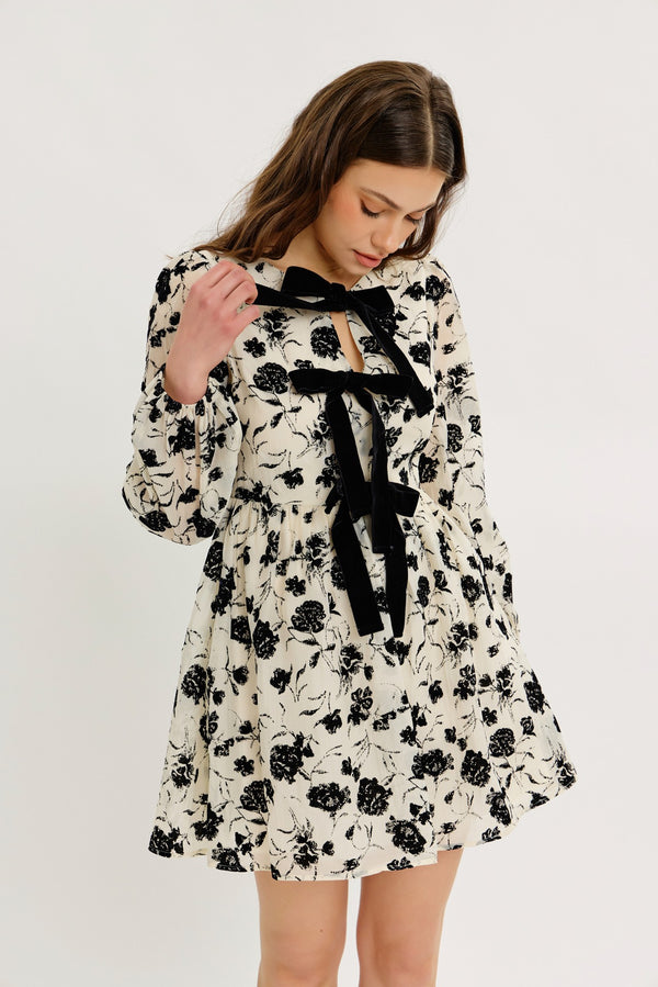 Floral Mini Dress with Velvet Bow