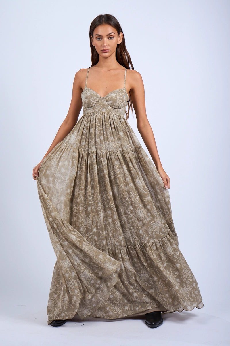 Maxi Dress- Khaki Floral Open Back