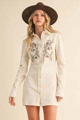 Embroidered Button Down Mini Dress