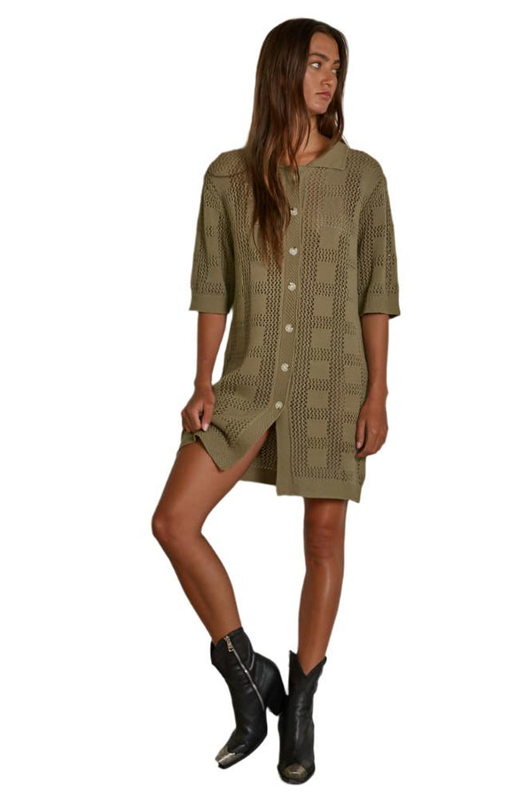 Knit Cotton Sweater Cardigan Mini Dress Olive