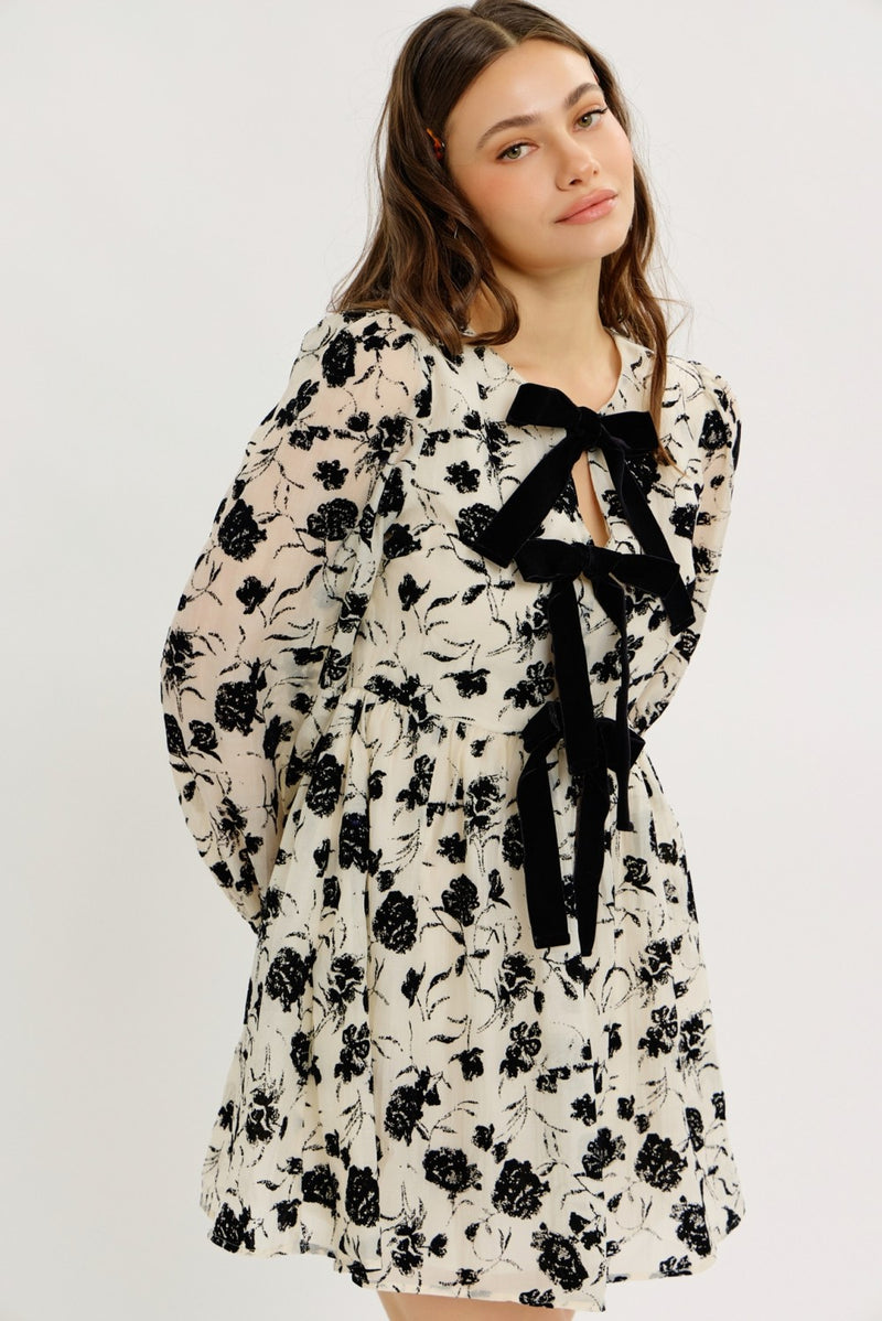 Floral Mini Dress with Velvet Bow