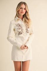 Embroidered Button Down Mini Dress