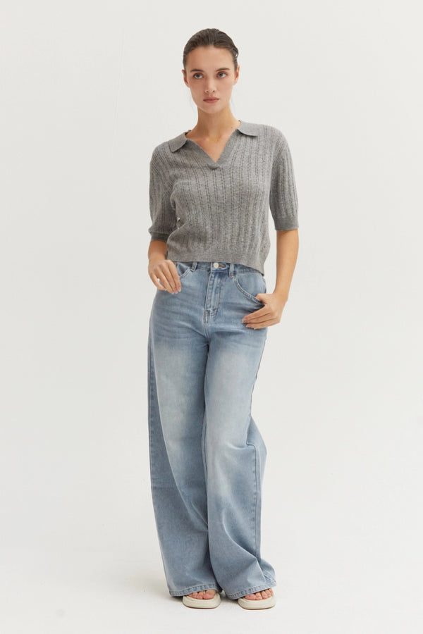 Saman Pointelle Knit Polo Top