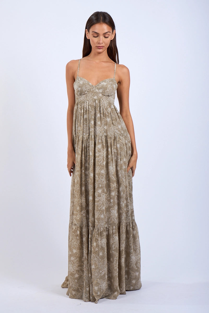 Maxi Dress- Khaki Floral Open Back