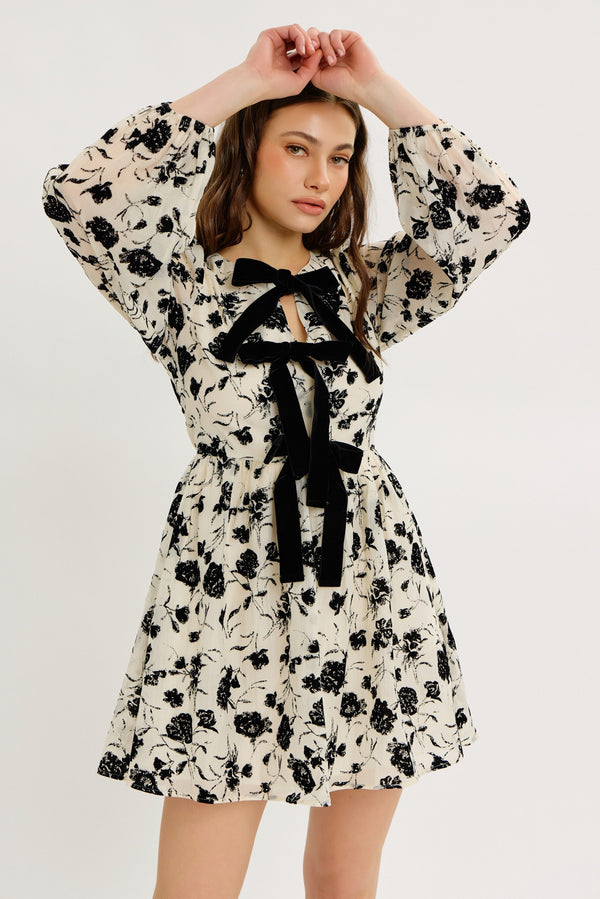 Floral Mini Dress with Velvet Bow