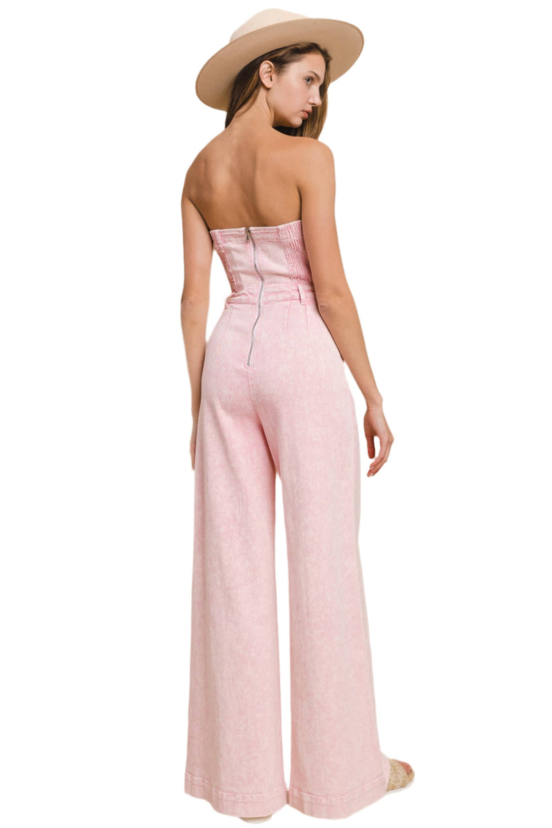 Boho Mineral Wash Wide Leg Denim Jumpsuit in Rose