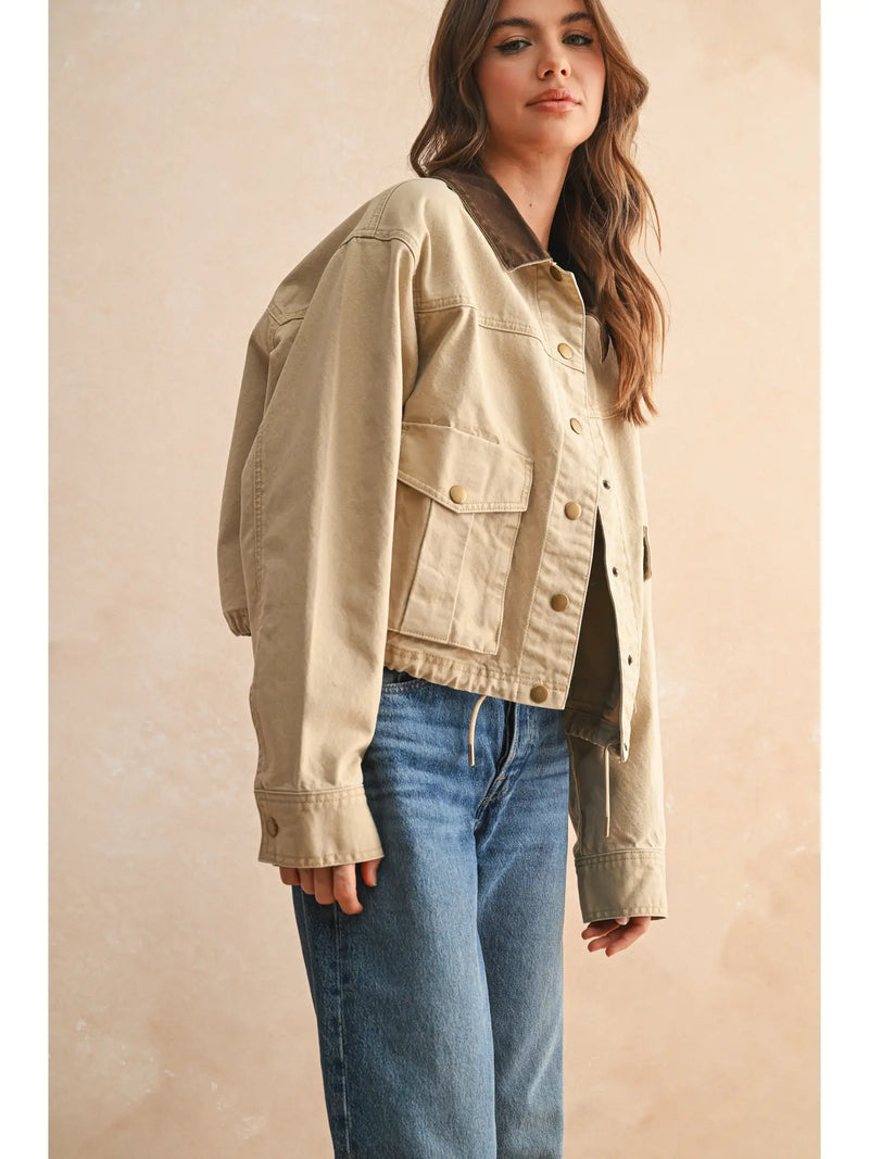 Sierra - Brown Collar Contrast Cropped Utility Jacket