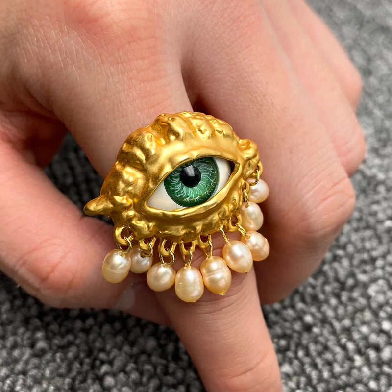 Pearl Fringe Evil eye Ring
