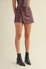 Mini Wine Vegan Leather Button Wrap Skort – Chic & Effortless Style