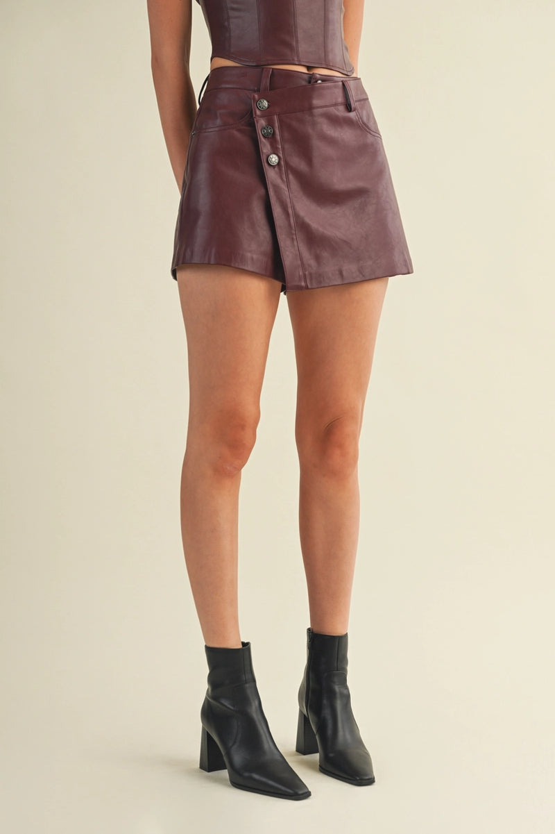 Mini Wine Vegan Leather Button Wrap Skort – Chic & Effortless Style