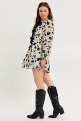Floral Mini Dress with Velvet Bow